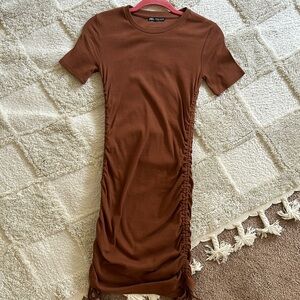 Brown ribbed Zara dress with scrunched sides